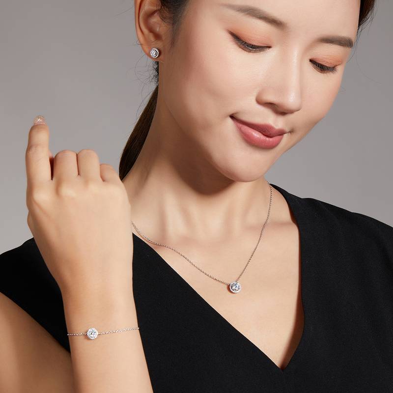 豪华圆包S925银镀白金MoissanitePendantStud Earring套装